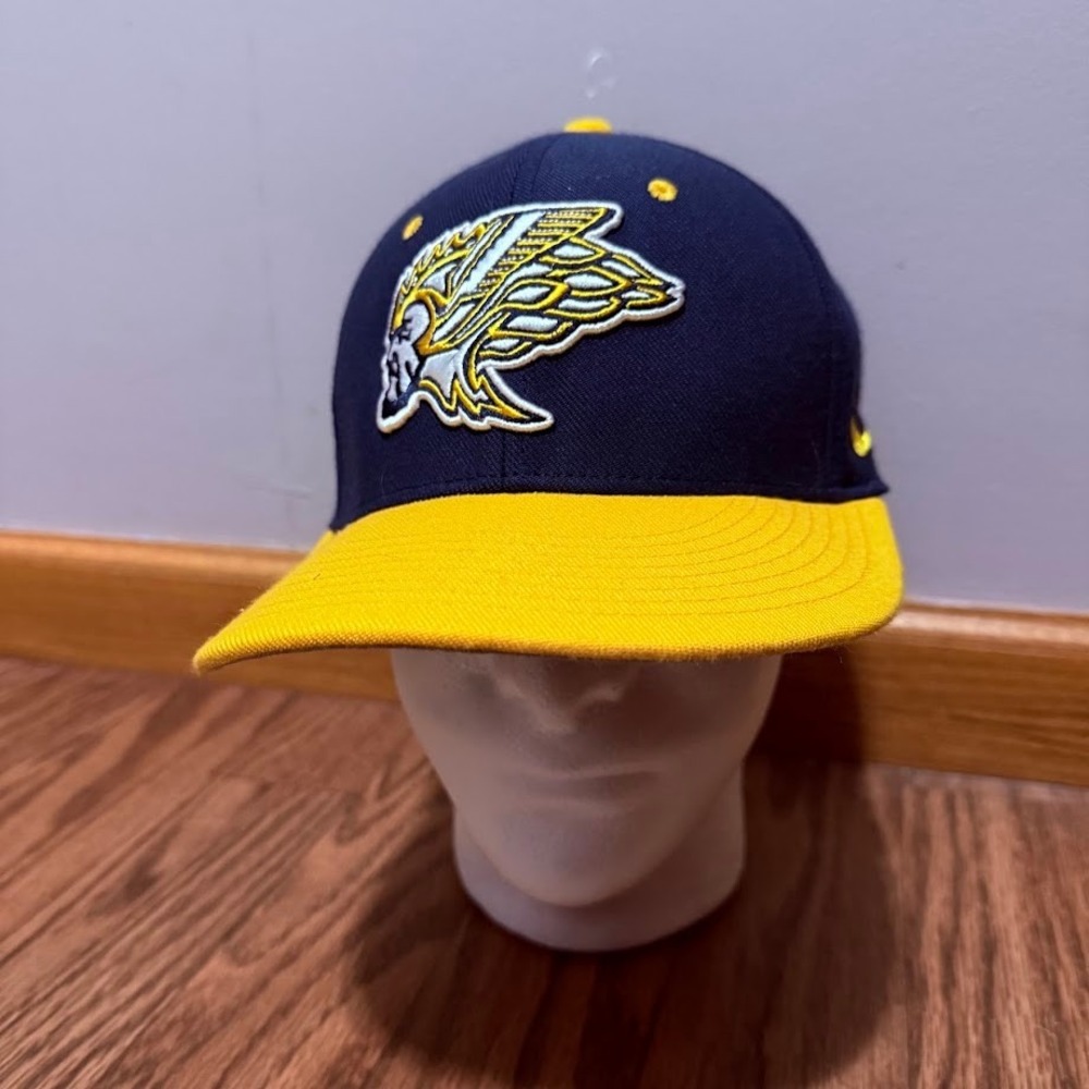 Nike True Dri-FIT Fitted Hat Navy Blue Yellow Embroidered Graphic Cap L/XL